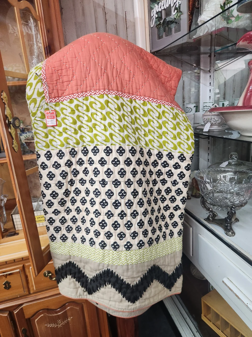 Patchwork Quilted Throw - Coral, Lime, Black & Cream